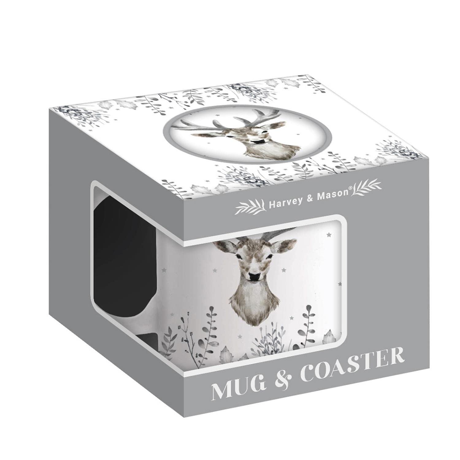 Harvey & Mason Festive Reindeer New Bone China Mug & Coaster Set Christmas Xmas Gift White Grey