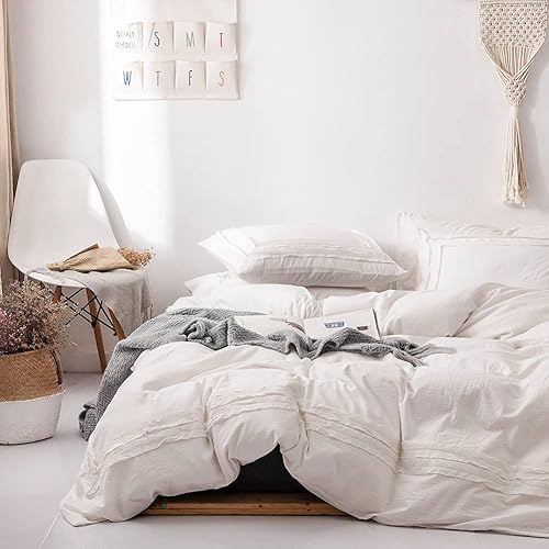 Miniatura 8 de DREFEEL Juego de funda de edredón súper suave tamaño Queen  Juego de ropa de cama de algodón lavado de 3 piezas  1 funda de edredón 2 fundas de