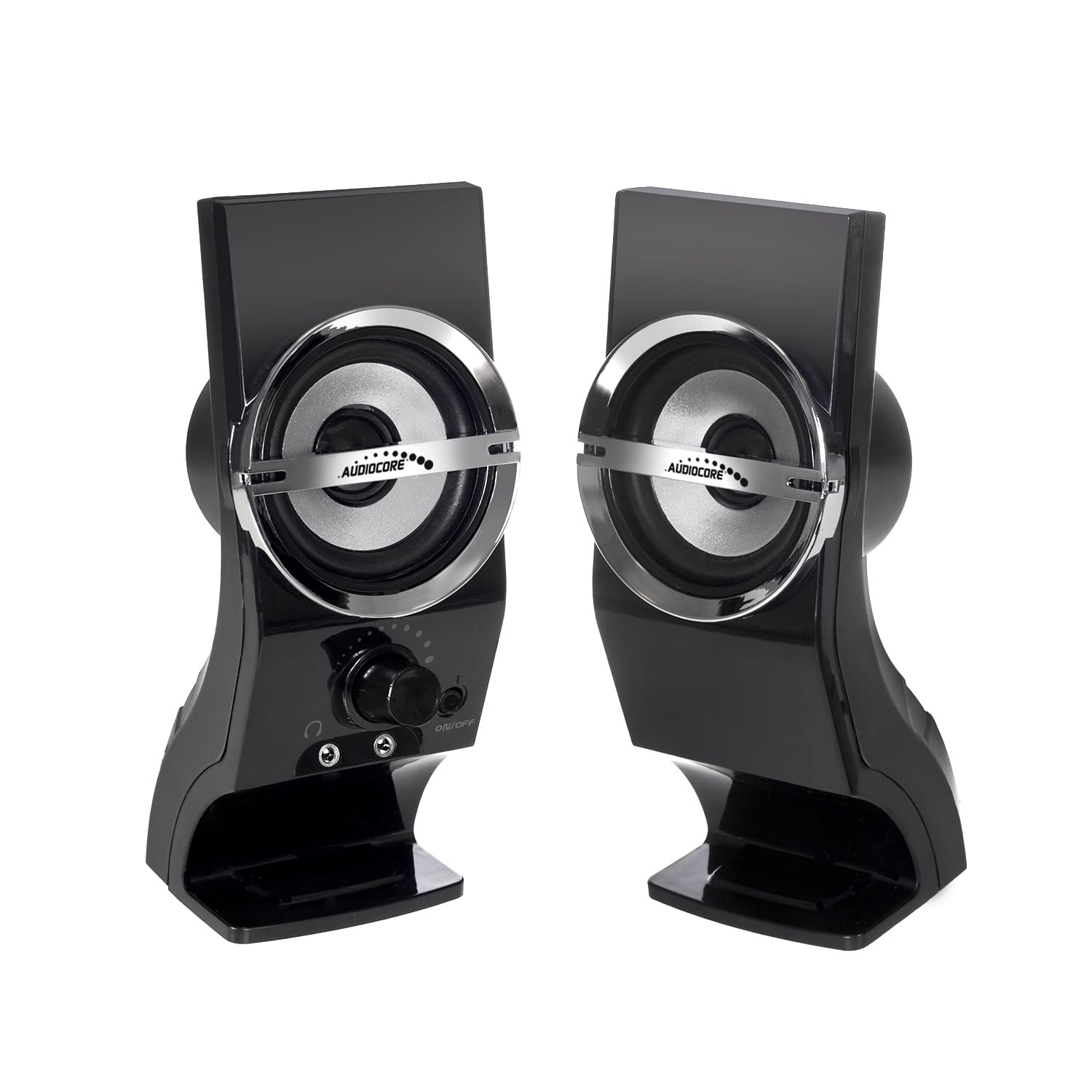 Audiocore AC805 Eleganckie Głośniki Stereo 2.0, Czarno-Srebrne do Komputera, Podświetlane LED Gamingowe do Laptopa na USB 6W, MiniJack