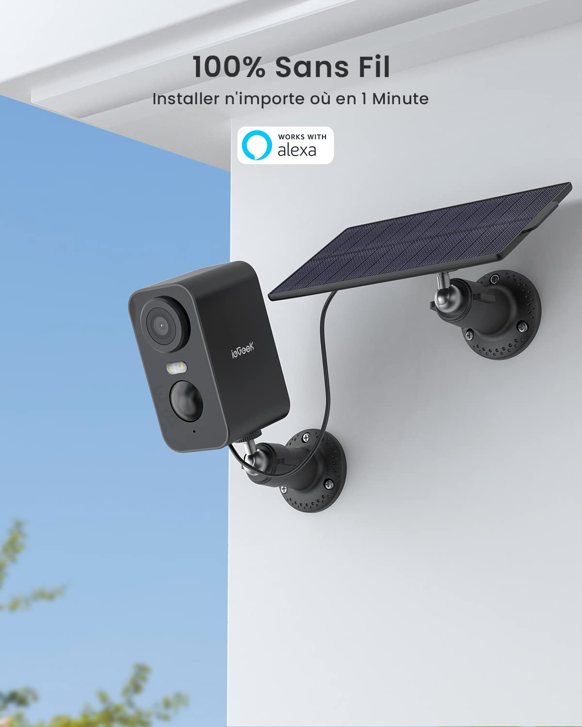 ieGeek 2K Camera Surveillance WiFi Exterieure sans Fil Solaire, Caméra Batterie, Vision Nocturne Couleur, AI & PIR Détection Mouvement, Audio Bidirectionnel, Étanche IP65, Alexa, ZS-GX3S, Noir