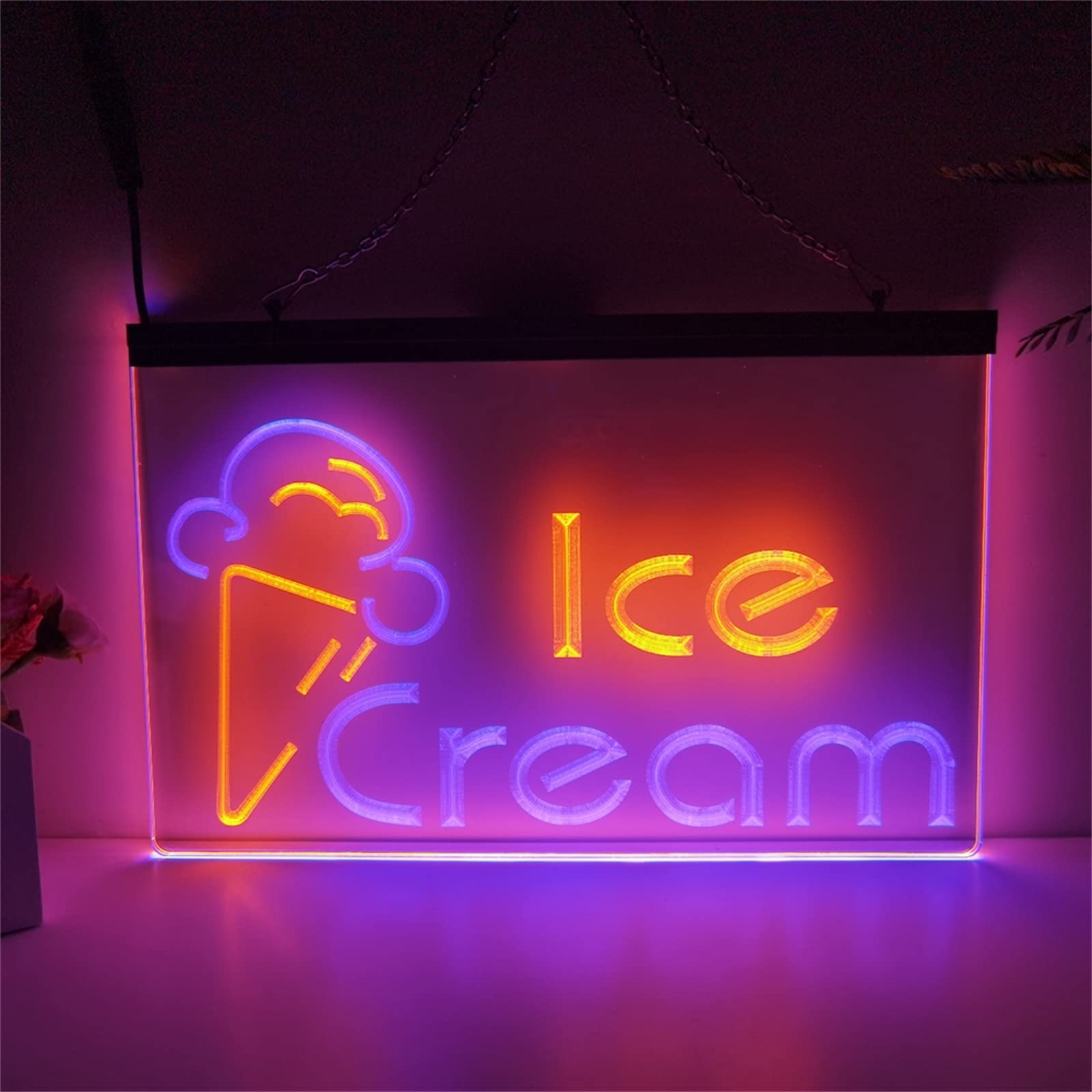 REWIS Ice Cream LED Neon Signs, USB Powerd 3-Level Dimming Neon Lights, for Ice Cream Shop Hanging Signboard,Blue Orange,40x30cm