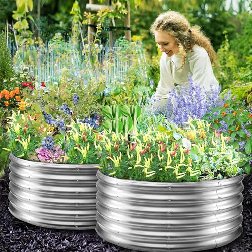 YSEJOMP 17" Tall Round Outdoor Garden Raised Garden Bed Kits-0.8MM Thick Metal Raised Planter Bed/Ground Planter Box for Variety of Flowers,Herbs,Vegetables,Trees (Silver, 40 Dia X 16.5 inches) by YSEJOMP - Used condition - Image 6