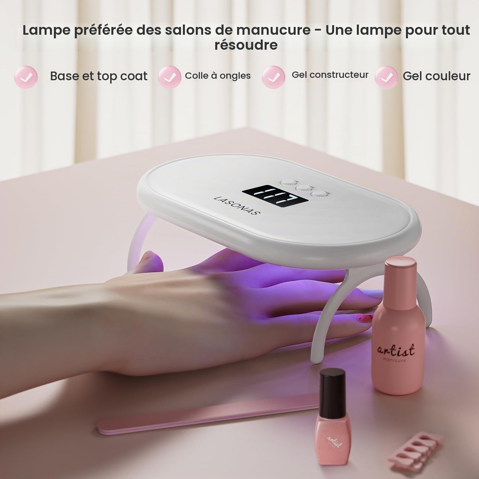 Lampe à ongles UV LED LASONAS pour vernis à ongles en gel 24 W, lampe UV avec 3 réglages de minuterie, séchage rapide, mini lampe de séchage portable pour autocollants et bandes à ongles en gel, soin