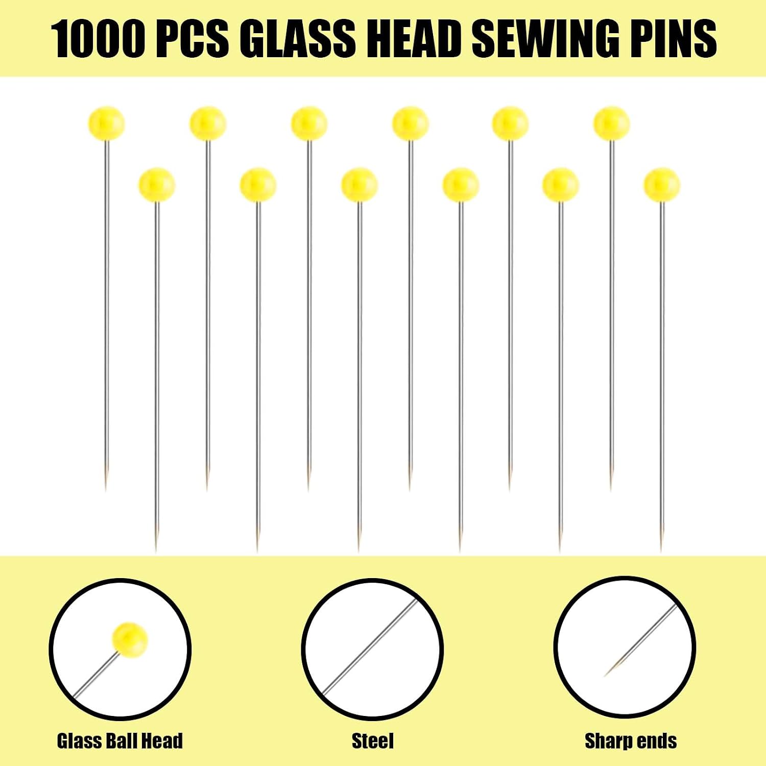 Glass Head Sewing Pins, Yellow, 38mm, 1000 Pcs | 1000 Glass Head Pins, 38mm Nickel-Plated, Heat-resistant Pearlized Heads, 10 Storage Boxes, For Quilting, Sewing, Craft