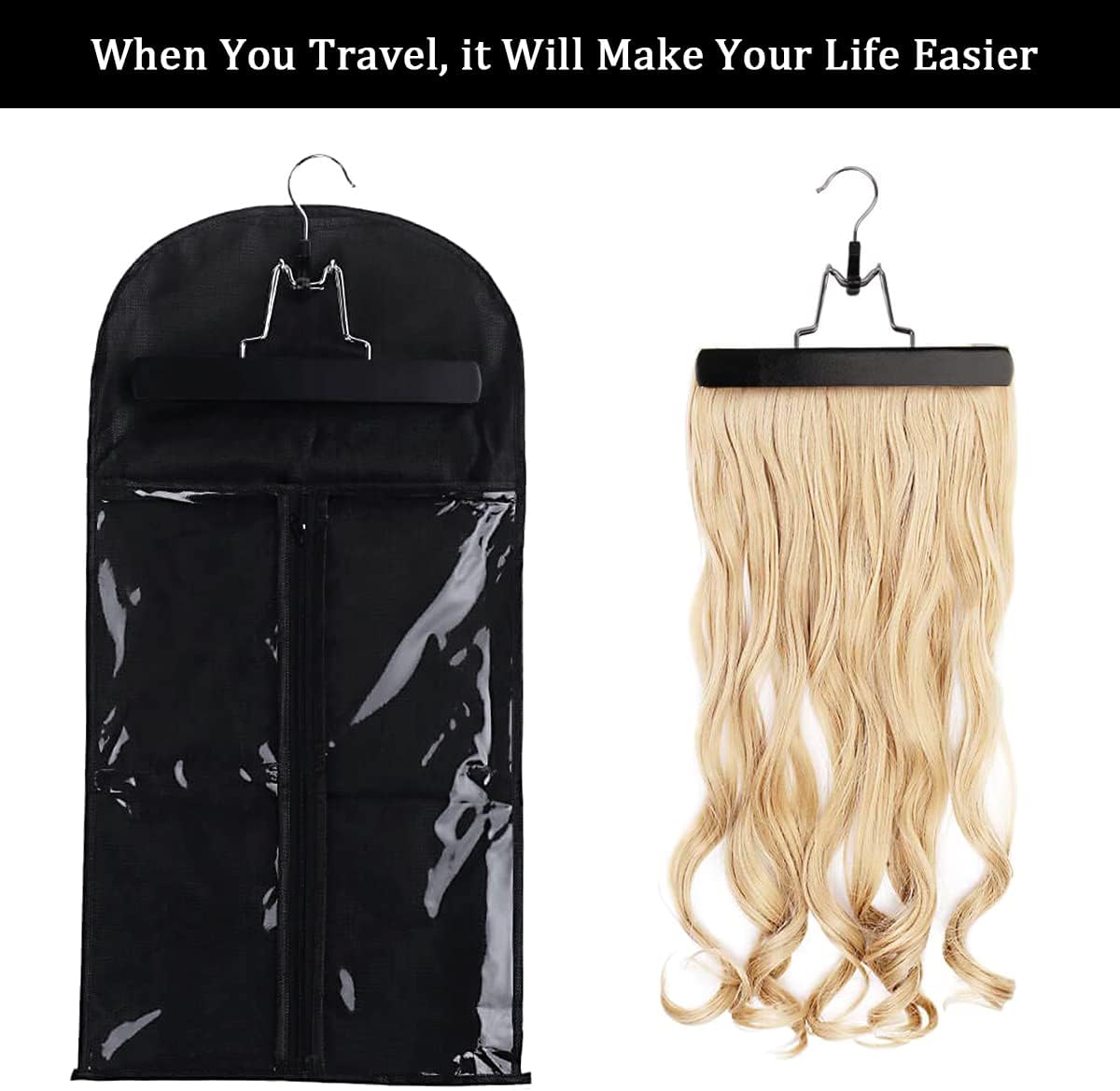 Qavctw 5PCS Hair Extension Holder Wig Storage Bag Hairpieces Storage Holder for Multiple Wigs & Accessories Dust-proof Storage Organizer with Hook Hair Extensions