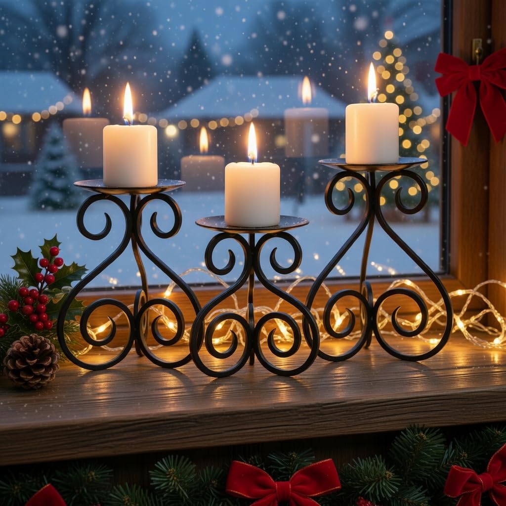 Hosley Illuminate in Style with Our Set of 3 Iron Candle LED Pillar Holders - Large 7 Inches, Medium 6 Inches, Small 5 Inches High for Versatile and Elegant Home Decor