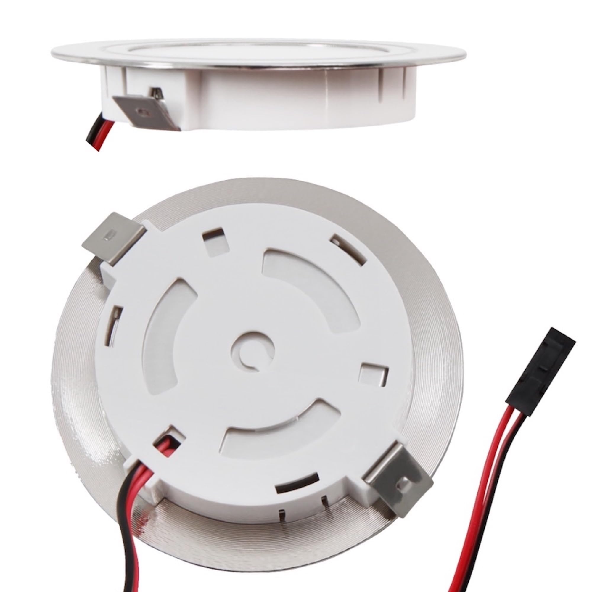 6er Set LED Möbel Einbauleuchten 12V ultra flach 2.4W Einbauleuchten Mira 190lm mit LED Trafo und 230V Zuleitung 3000K Warmweiß Lochausschnitt: 58 bis 60mm Silber Plug and Play Spots Ø=65,5 X 10,7mm
