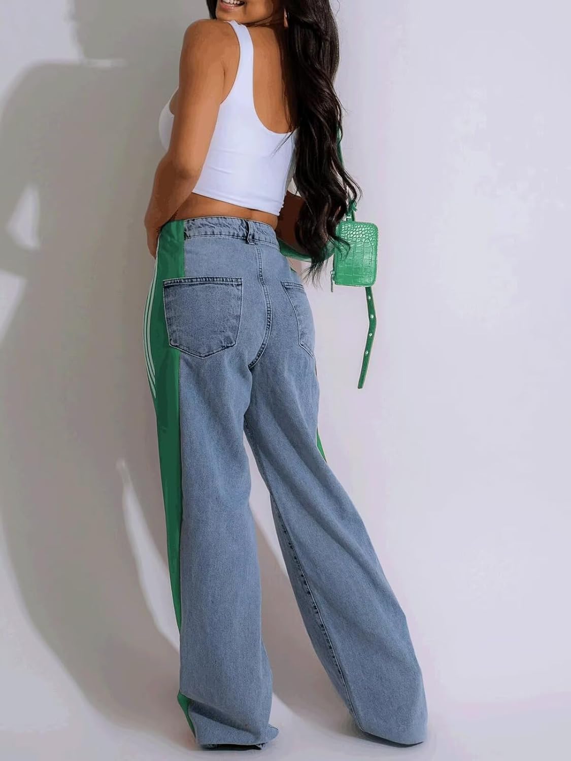 Women Stretchy Jeans Striped Patchwork Loose Straight Wide Leg Denim Pants - Image 3