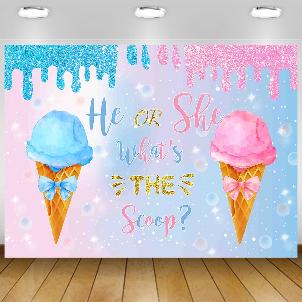 Ice Cream Gender Reveal Backdrop What’s The Scoop Gender Reveal Backdrop He Or She Decorations Background Blue Pink Bows Baby Shower Party Decoration