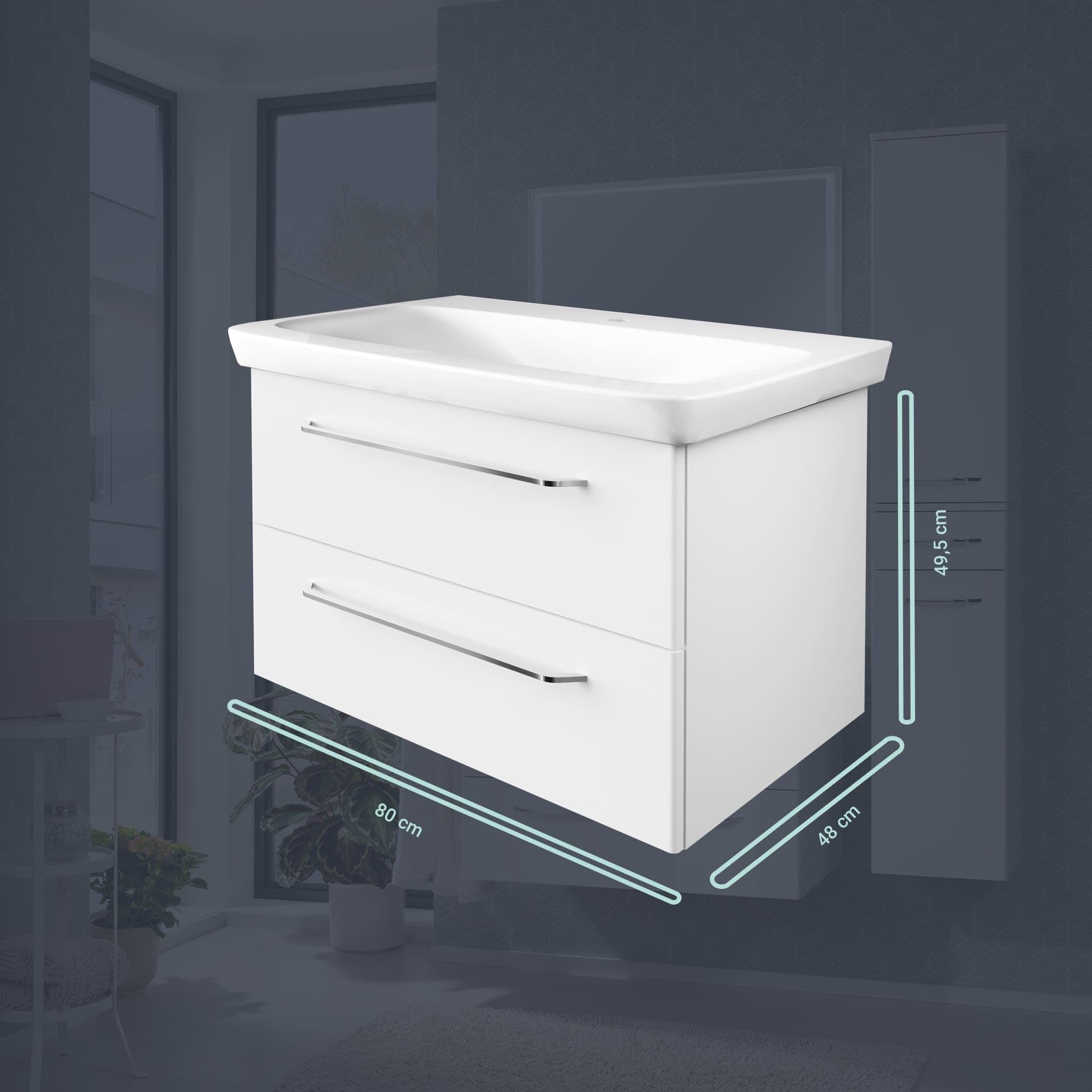 BadeDu NES Waschbeckenunterschrank in Weiß – 80cm breiter Waschtischunterschrank, Zeitlos moderner Stil, 2 Schubladen mit Soft-Close – Made in Germany