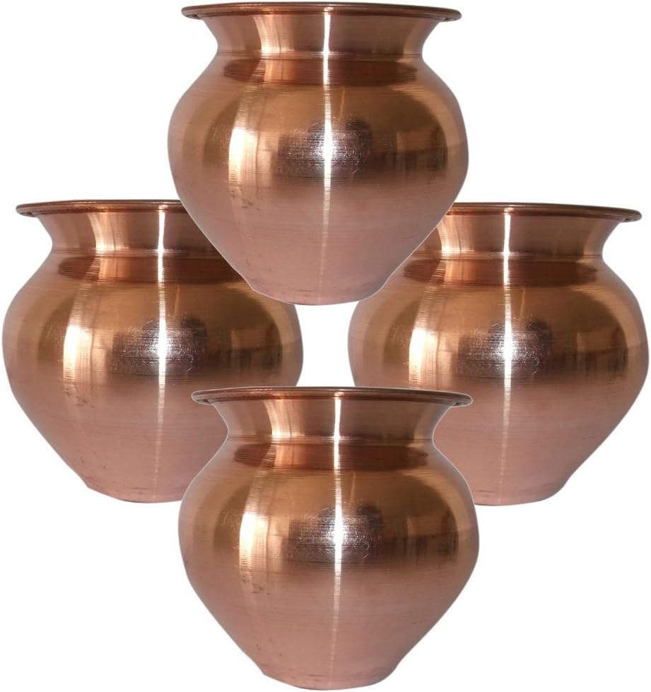 SHIV SHAKTI ARTS 3.5 X 3.25 X 3.5 In Handmade 100% Pure Copper Pot Volume 300 Ml Set Of 4 Small Copper Pooja Kalash For Yoga Surya Namskar Storage Water Indian Yoga Ayurveda For Good Health