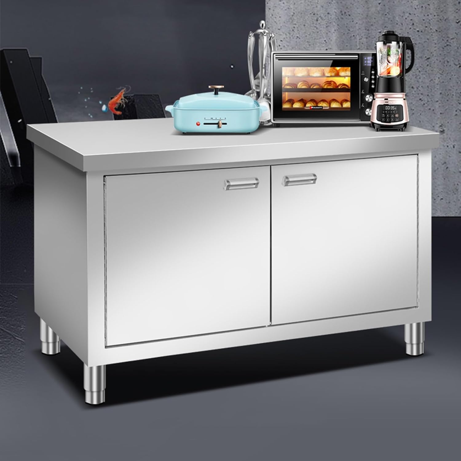 Thickened Stainless Steel Kitchen Work Table Heavy-Duty Food Preparation Workbench Easy-to-Clean Laminate Design Magnetic Lock Storage Cabinet