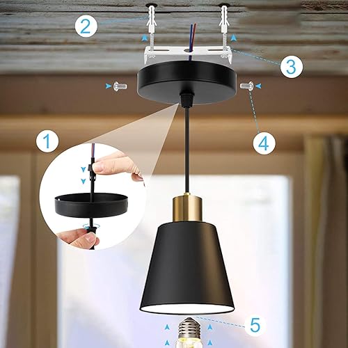 Miniatura 4 de Yollzey Paquete de 3 lámparas colgantes negras modernas, pantalla de metal, cable de 59.1 pulgadas, isla de cocina, comedor, vestíbulo, pasillo,