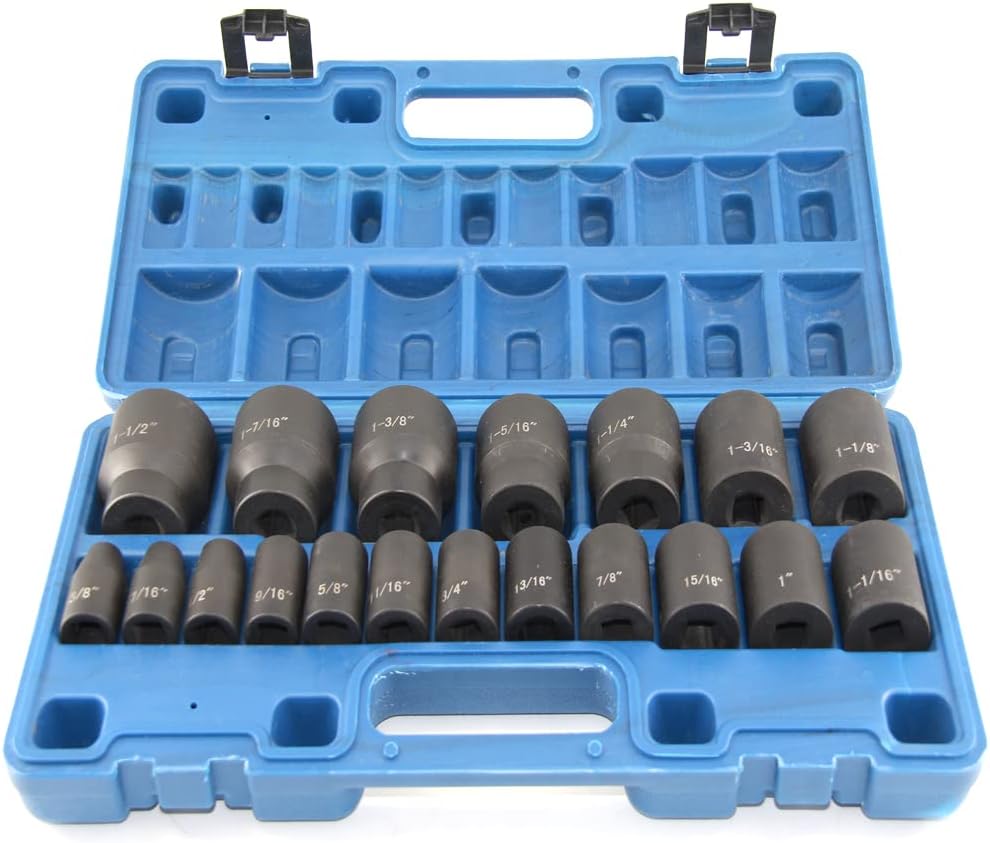 MacWork 19 Piece 1/2-Inch Drive Standard/Shallow Impact Socket Set, SAE, 3/8" to 1-1/2", CR-V&Cr-Mo Alloy Steel, 6-point Hex Radius Corner Design
