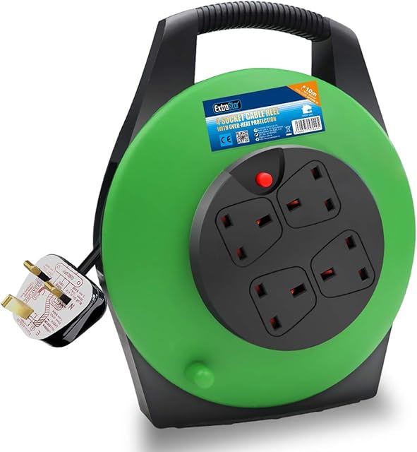 ExtraStar 13A Electrical Extension Reel, 4 Sockets Cable Reel with Winding Handle 1100W/3120W Thermal Cut Out, Heavy-Duty Extension Lead with 10 Metre Extension Cord - Green