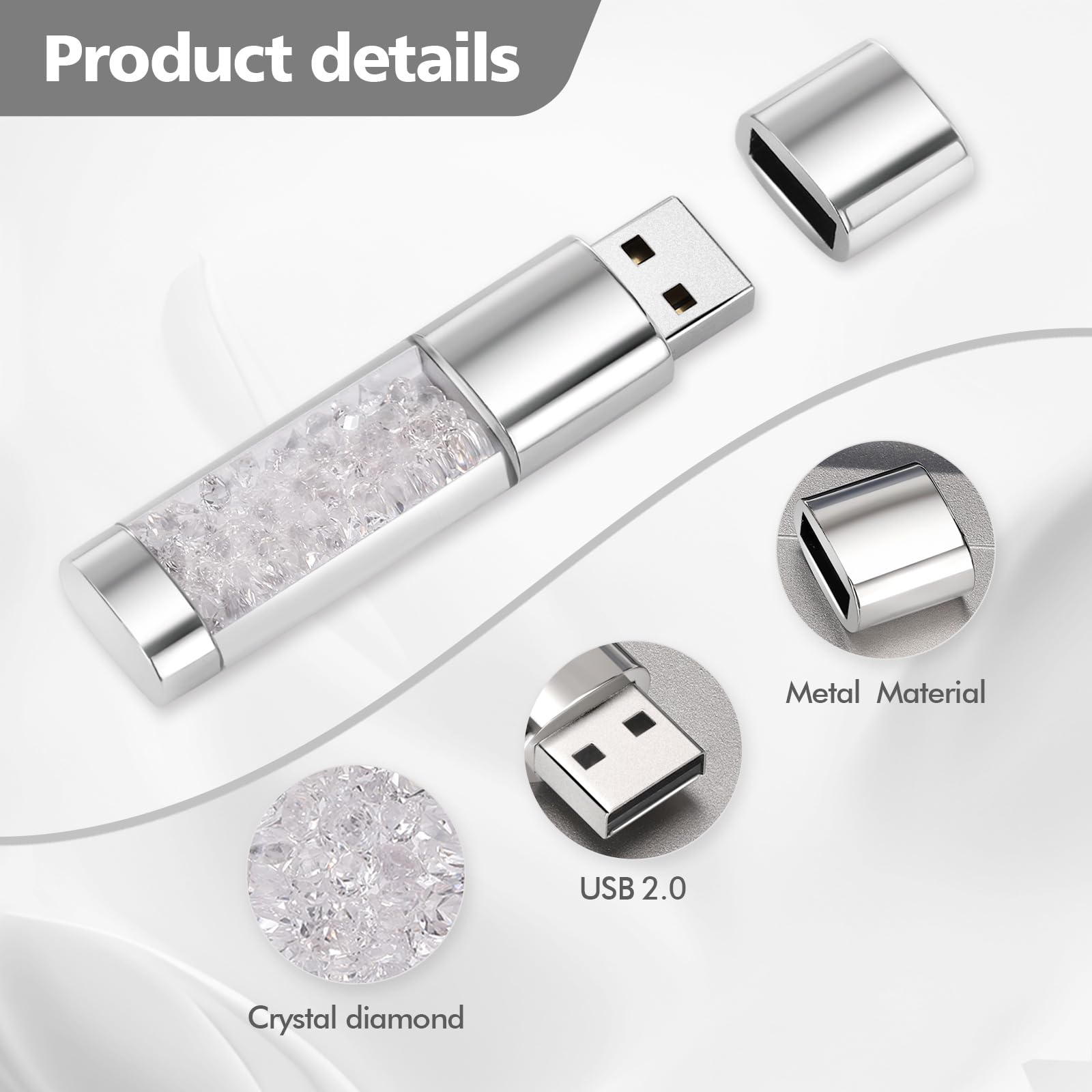USB 2.0 Flash Drive,Loving Crystal USB Memory Stick,Jewelry Thumb Drive for Photos, Music, Files Storage (White, 16, GB) — view 2