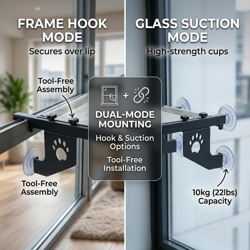 Cat Window Perch with Padded Cushion, Black Metal Frame with Paw Print Design, Suction Cup Mount or Easy to Adjust Cat Bed for Windowsill, Bedside, Drawer and Cabinet