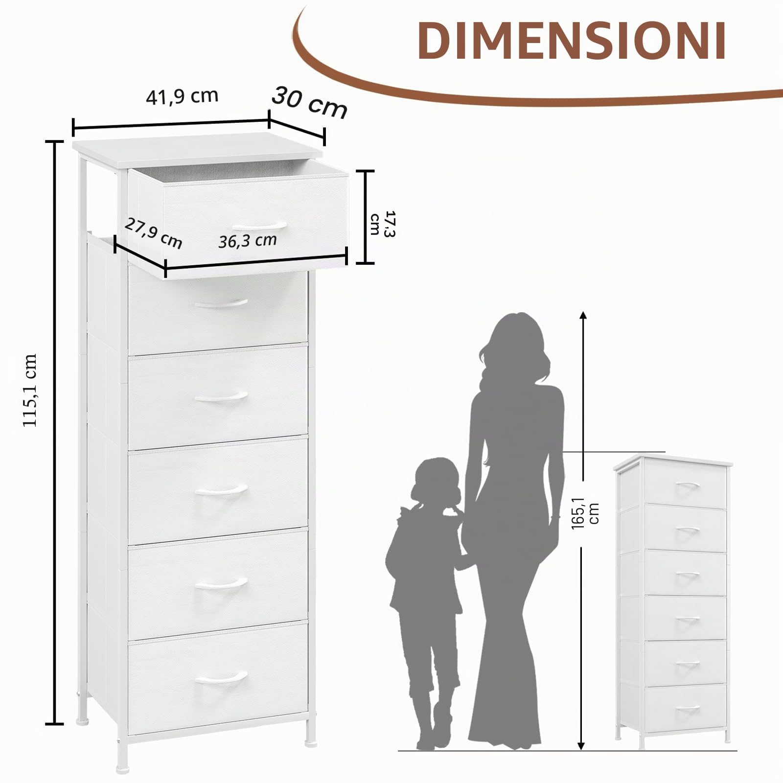 Somdot Cassettiera Camera da Letto in Tessuto, Mobiletto Salvaspazio, Settimino per Soggiorno, Studio, Cameretta, Ingresso, 30P x 42l x 115H (6 Cassetti), Bianco