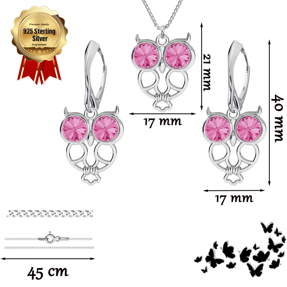 Schmuckset für Damen Ohrringe Silber 925 Hängend Eule Weisheit - Kette Damen mit Anhänger Schmuck Set für Sie mit Kristallen - Ohrringe Hängend und Halskette Mädchen Geschenk Frauen