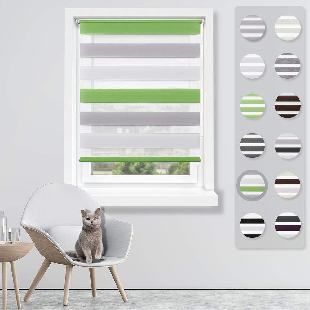 SBARTAR Zebra Double Roller Blinds, 65 x 150 Green-White-Grey Day Night Double Layer Roller Shades Filtering with Side Chain Easy Assembled without Drilling for Window