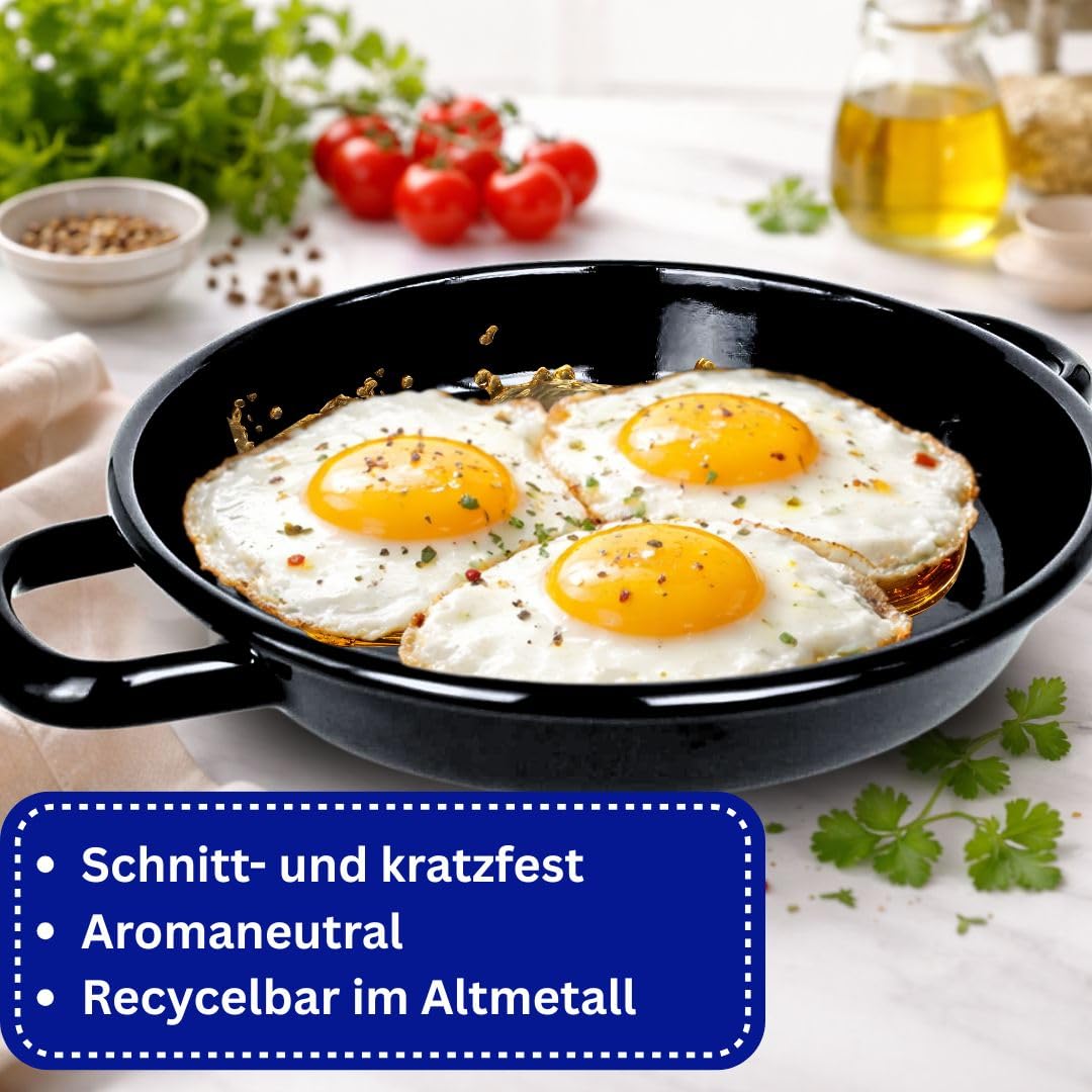 Riess Eierpfanne 22 cm Emaille – Servierpfanne -Omlettpfanne – ideal für Induktion- Eier-Pfanne kratzfest & hitzebeständig – kleine Bratpfanne für Omlette Spiegelei schwarz Made in Österreich