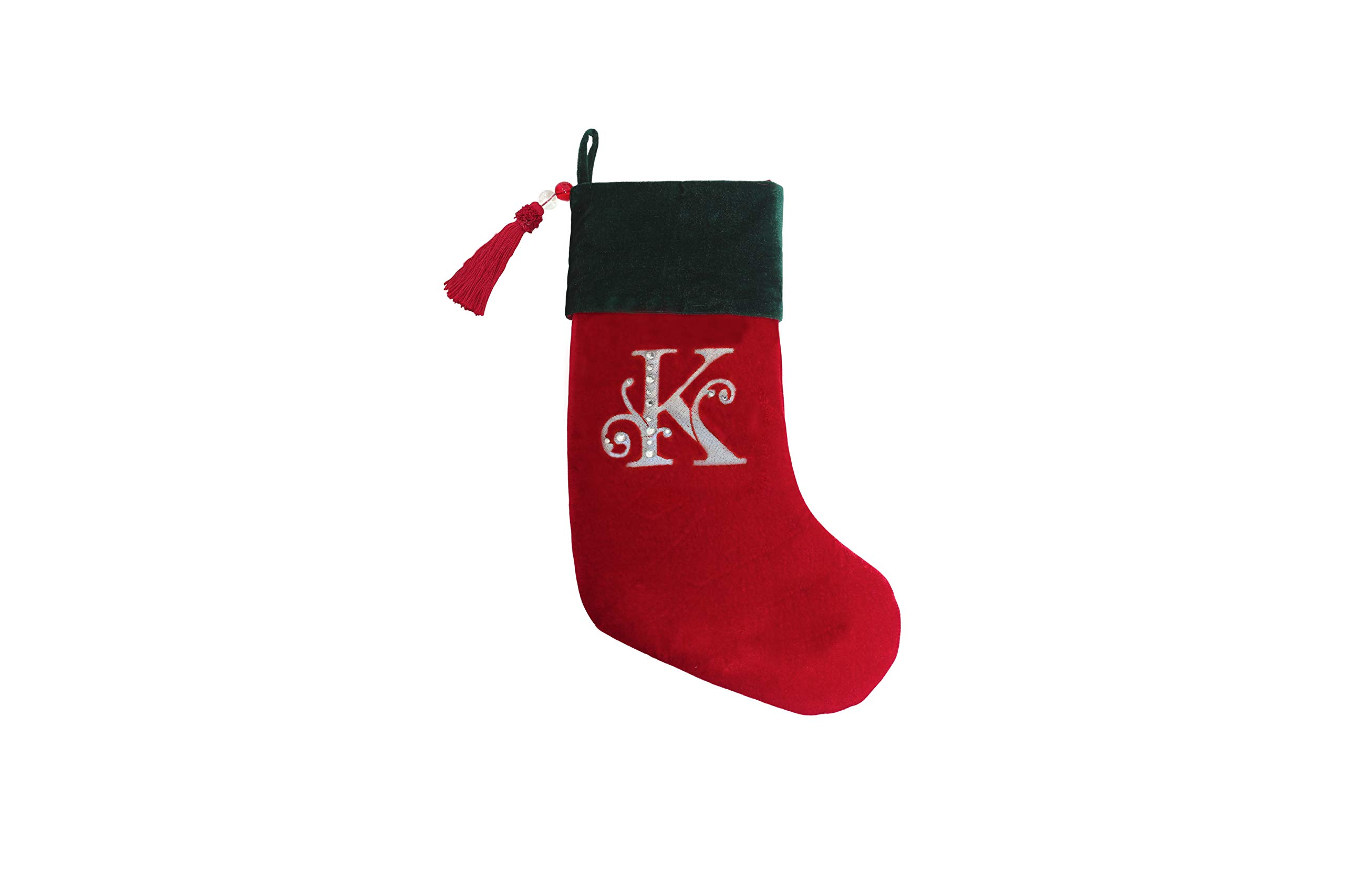 Evergreen Rot und Grün SAMT Strass Monogramm Weihnachtsstrumpf – K
