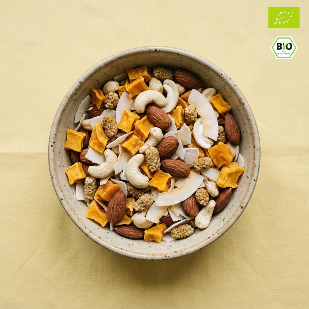 Bio Studentenfutter "Mango-Moment" | 1,0 kg | mit Mangostücken, Cashewkernen, Mandeln, Kokoschips & Maulbeeren | Exotische Nuss-Frucht-Mischung | Vegan