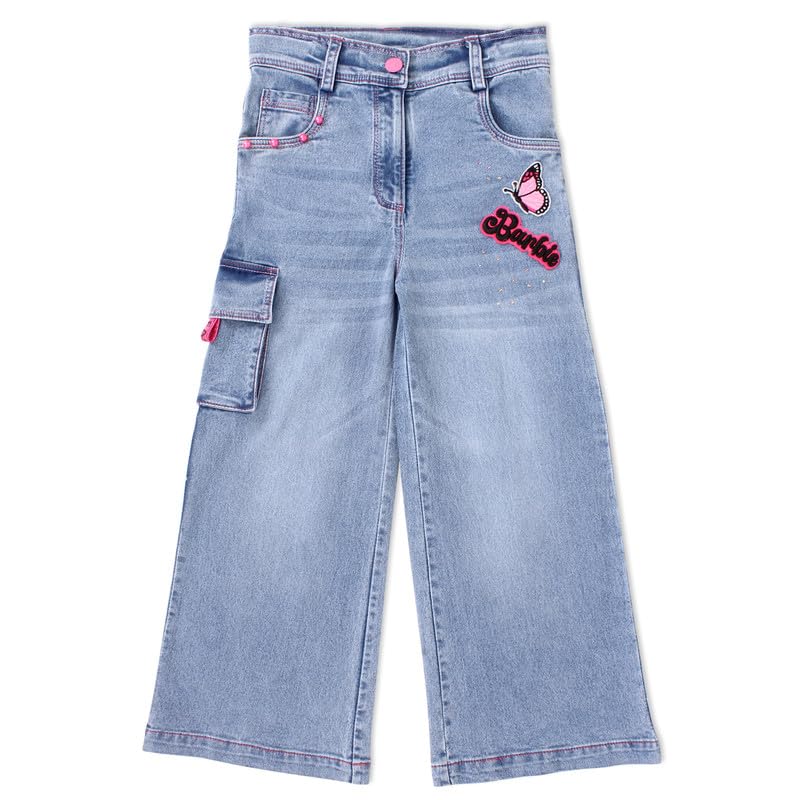 Image of Cutecumber Girls Cotton Rich Denim Wide-Leg Jeans - Side Panel Printed with Floral Ribbon Accessory, Stylish Casual Outfit for Baby Girls & Kids (Age 1-15 Years)