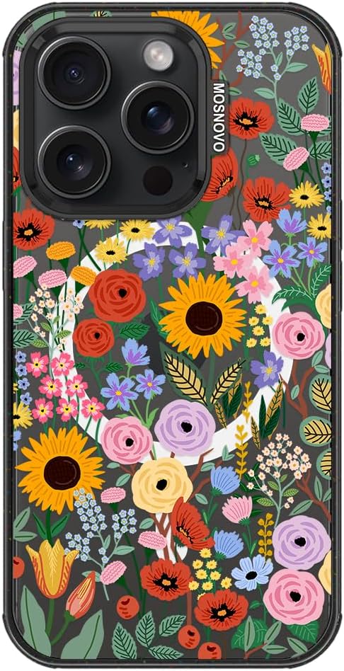 MOSNOVO Magnetic Case for iPhone 15 Pro, 10ft Military-Grade Protection, Compatible with Magsafe, Shockproof Phone Case for iPhone 15 Pro - Blossom & Bloom - Clear Black