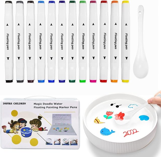 QETRABONE 12-Color Magic Drawing Pens for Kids, Magic Painting Pens Magical Water Floating Pen, Erasable Doodle Water Whiteboard Pens Watercolor Pen Set with Spoon and Box for Girls Boys Gifts