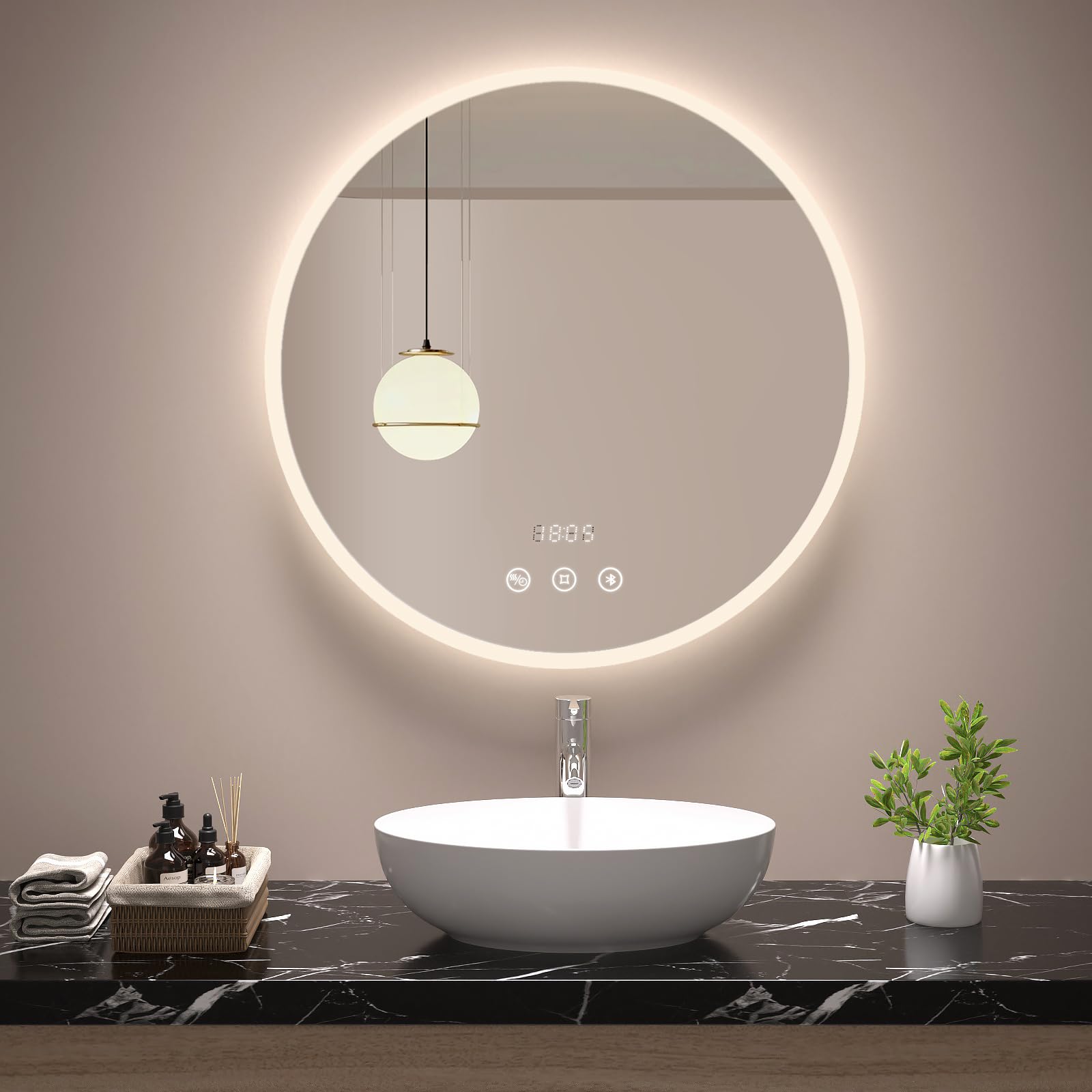 Meykoers Espejo de baño Redondo, Espejo de Pared Redondo de 80 cm de diámetro, Espejo de baño led con Interruptor táctil + antivaho + Reloj + Bluetooth