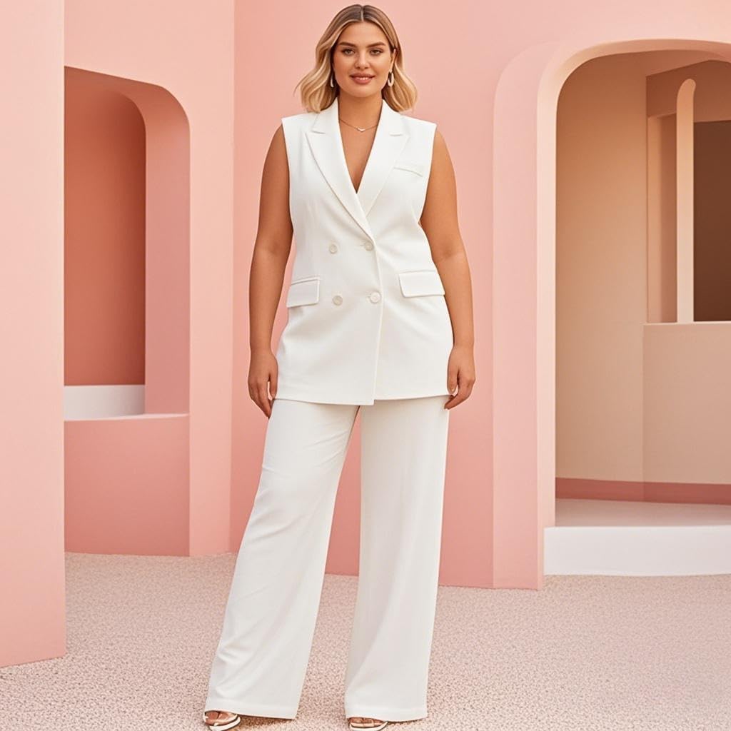 Plus Size Summer Womens Vest and Wide Pants 2 Pcs Outfits Set Sleeveless Blazer Business Wedding Work