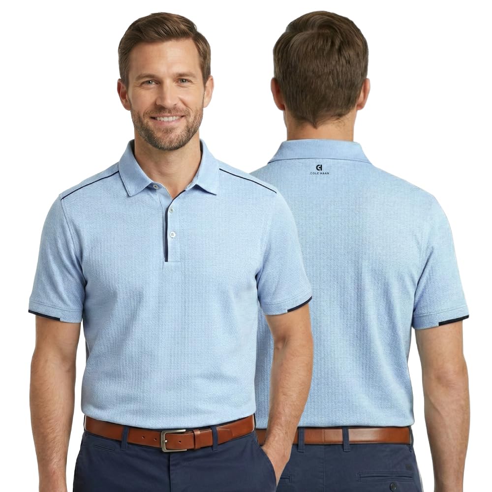 Cole Haan Trafton Golf Polo Shirts for Men - Lightweight Fabric with 4-Way Stretch Moisture Management Contrasting Piping