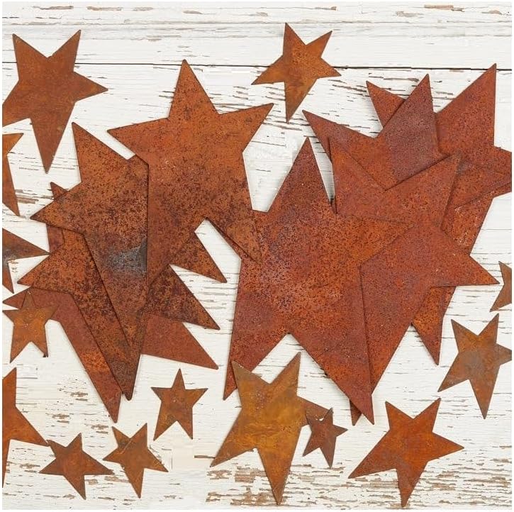 Pack of 12 Rusty Tin Star Cutouts - Rusted Metal Stars for DIY Crafts - Primitive, Rustic Country, Farmhouse DIY Crafts and Decorative Accents (Size: 1-3/4 inch Long x 1-1/4 inch Wide)