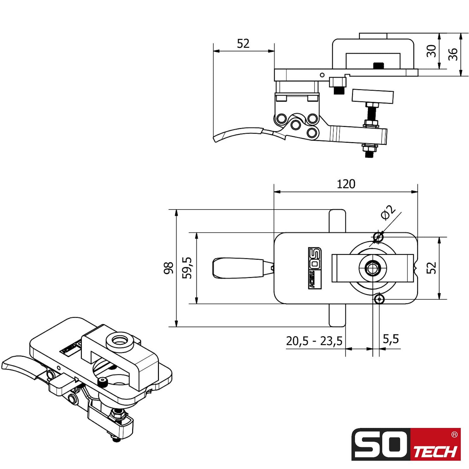 SOTECH Dima di foratura di precisione in alluminio THE ORIGINAL con guida a sfera e punta SENSYS TH52 con scodellino da 35 mm