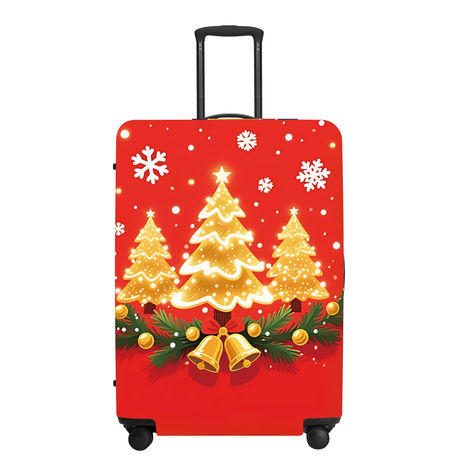 Golden Trees Luggage Cover - Sparkling Trees with Bells and Holly on Red Background, Elegant Holiday Design Stretchable Suitcase Protector for 18 20 22 Inch Travel Bags