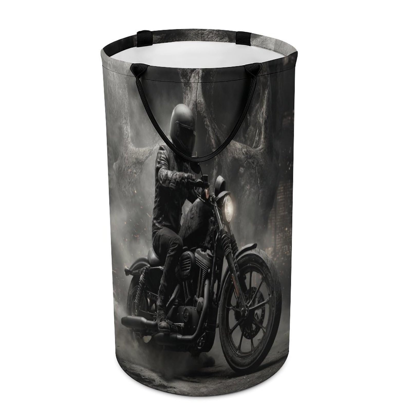 LUYYSKY Classic Cool Motorbike Rider Versatile Storage Laundry Basket, Spooky Watercolor Extreme Sports Theme Skull Skeloton Large Capacity Bathroom Hamper With Handle