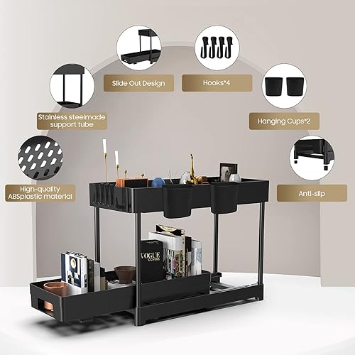 Miniatura 4 de KOCWELL Organizador deslizante estable para debajo del fregadero con 2 niveles, alfombrilla adicional para debajo del fregadero incluida,