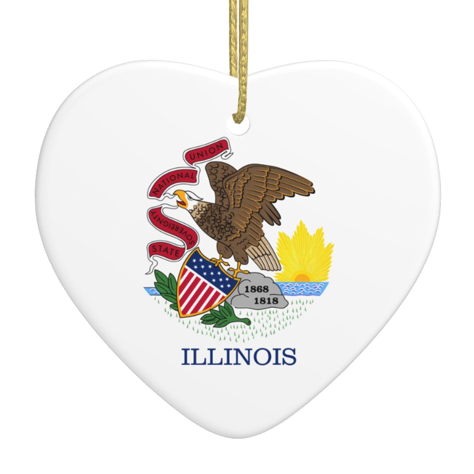 Illinois State Flag Ceramic Christmas Heart Pendant with Silk Thread, Christmas Tree Home Decoration