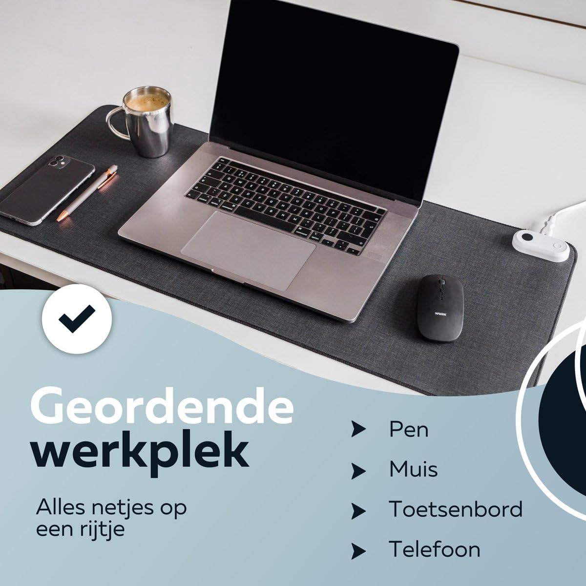WURK Beheizte Schreibtischunterlage [80 cm x 33 cm] - Mousepad XXL - Mousepad - Multifunktionale Große Schreibtischunterlage - Schreibtischmatte [Schwarz Beheizt]