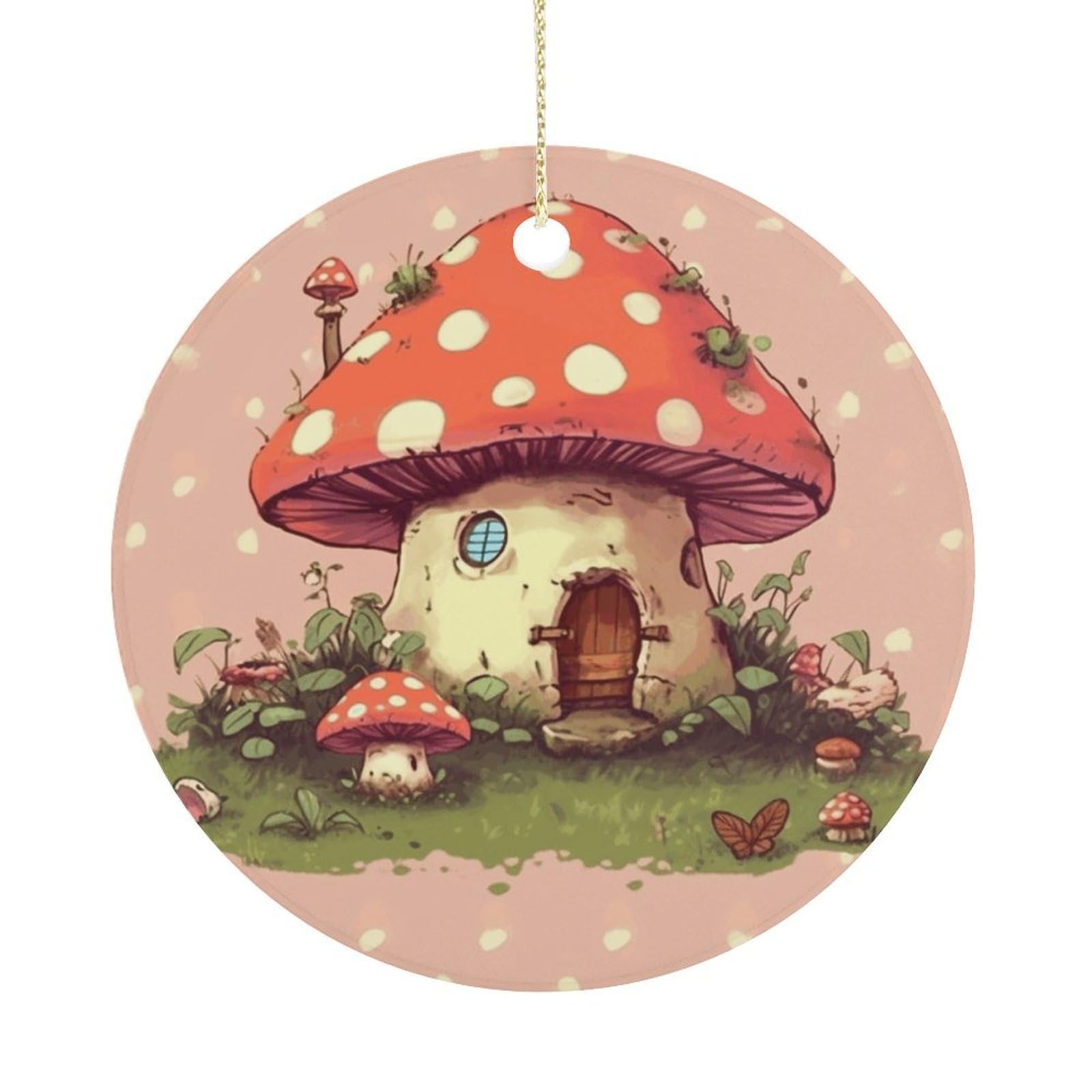 Cute Mushroom House Christmas Ornaments Colorful Round Ceramic Ornament Christmas Hanging Decor Christmas Tree Decorations Xmas Keepsake for Women Men Xmas Holiday Party