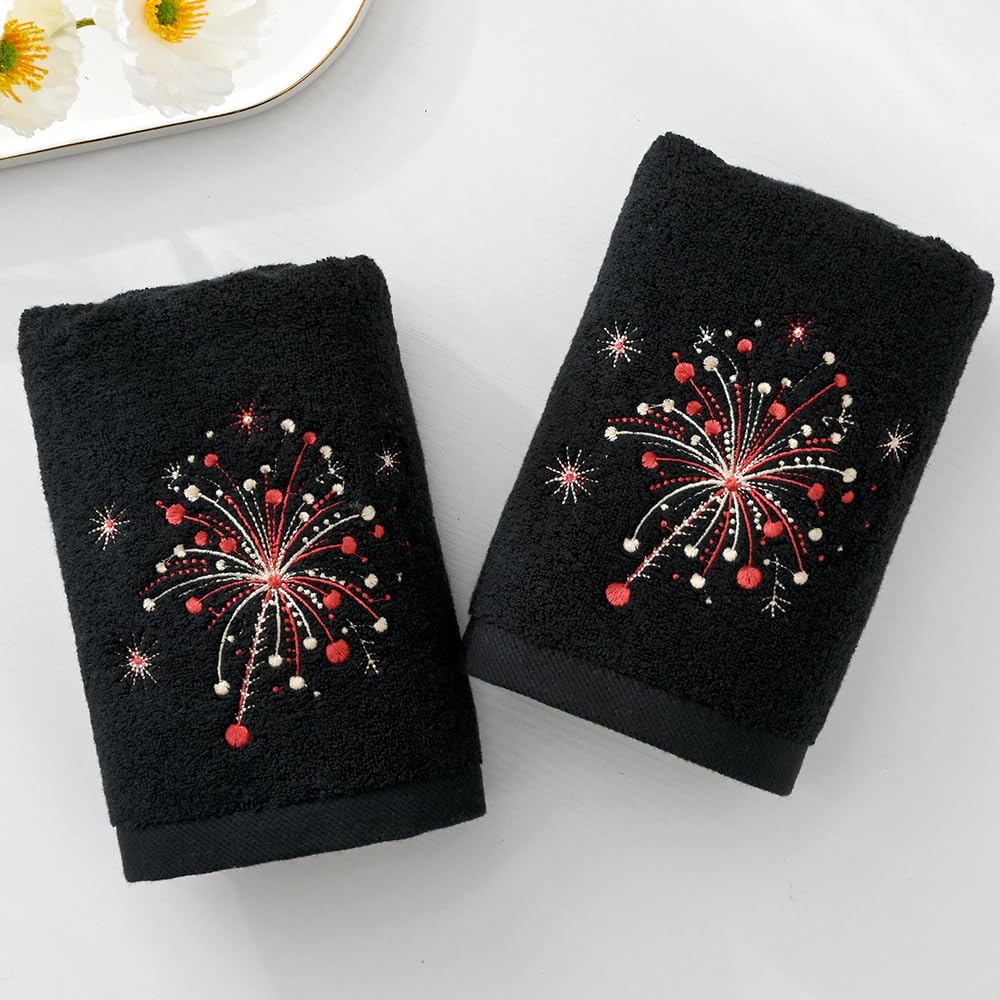 YiLUOMO Spark Fireworks Embroidered Design Hand Towels Black Set of 2 Soft Thick Luxury 100% Cotton Highly Absorbent Bathroom Hand Towel for Holiday Party Decorative Gift 13 X 29 Inch - Image 4