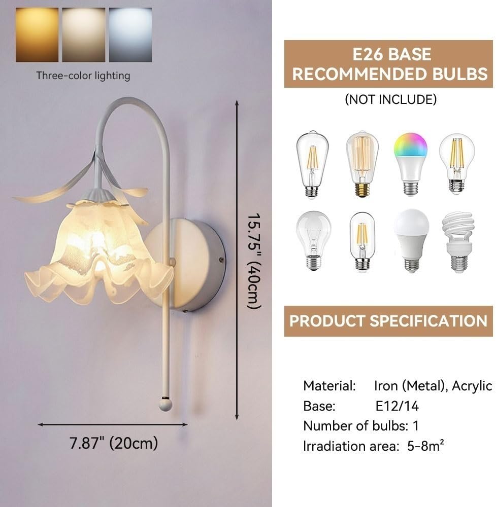 Tulip Wall Sconce, Lily of the Valley Wall Lamp, Cream Floral Sconce, Bedside Wall Mounted Light, Vintage Flower Acrylic Shade, Iron Arm E27 Base, Aesthetic Decor for Bedroom Parlor(White)