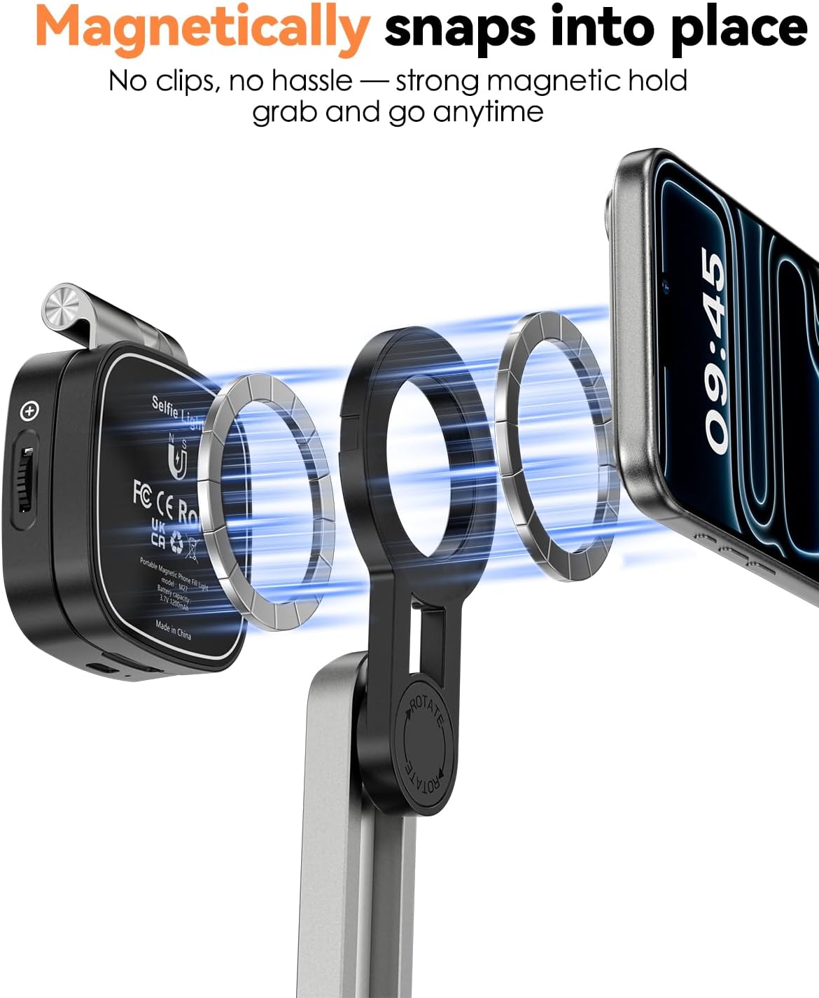 CloudValley Magnetic Mini Selfie Stick Tripod + Magnetic Selfie Light with Mirror Bundled Items (Black)