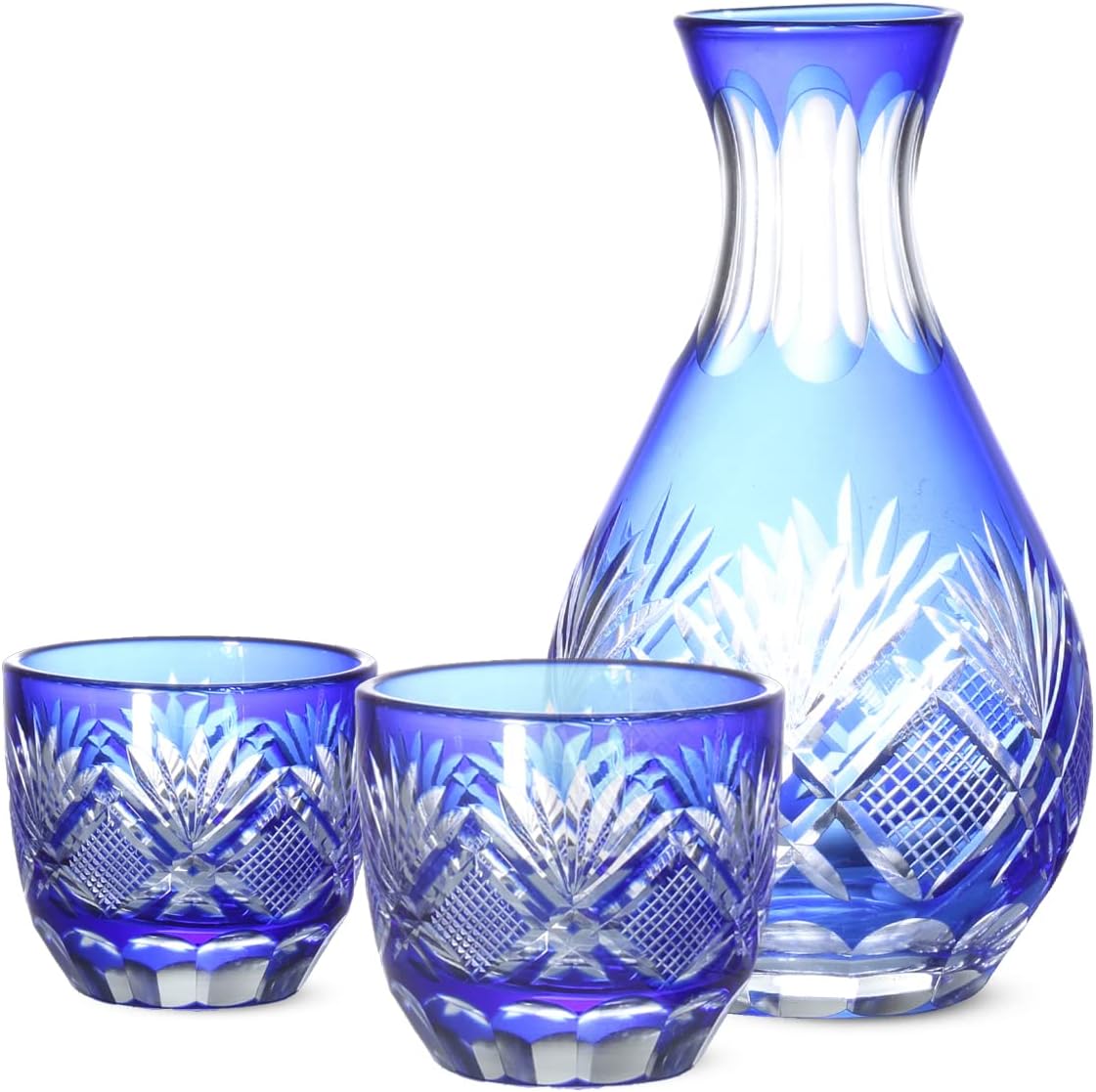 J-kitchens Retro Kiriko Glass Cup Sake Sake Set (1 Tokuri Cup 2 Set) Hana to Arrow Blue Current Model