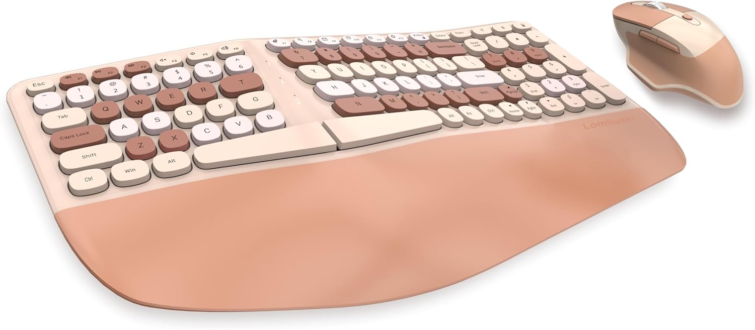 wireless ergonomic keyboard and mouse combo with pu wrist rest, carpal tunnel keyboard, 2.4g colorful split ergo keyboard, comfortable natural typing, compatible with pc/laptop (milk tea)