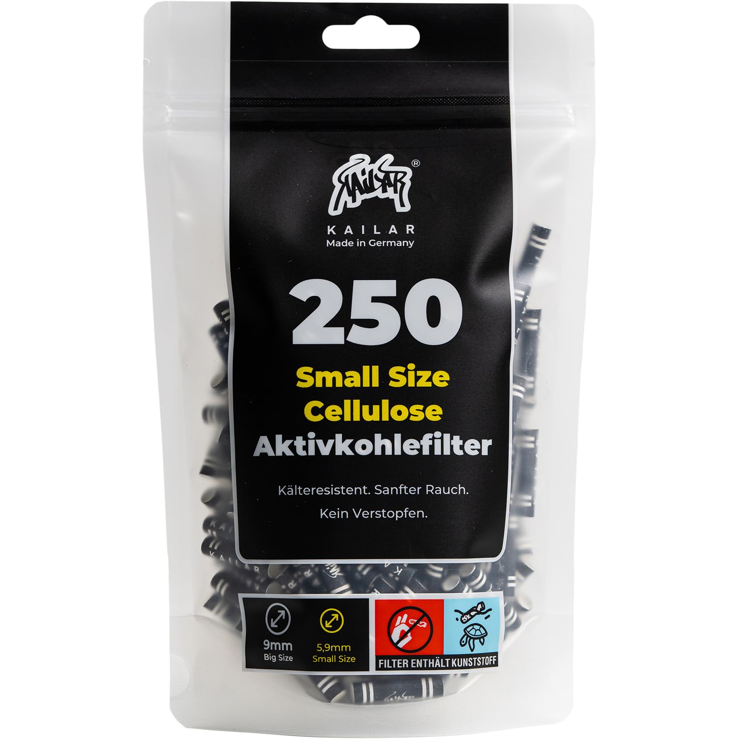 KAiLAR 250 BLACK Cellulose Aktivkohlefilter Slim (5,9 mm) mit veganer Aktivkohle aus Kokosnussschalen | Für ein schadstoffärmeres und sanftes Raucherlebnis ohne zu verstopfen (Kälteresistenz)