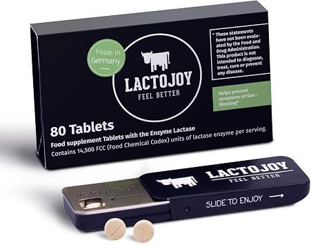 LactoJoy Lactase Tablets | Helps with Lactose Intolerance | Contains 80 Pcs. of Extra-Strength Dose 14,500 FCC Lactase Enzyme Tablets | 100% Vegan | Supports the Lactose Digestion | Chemical Free