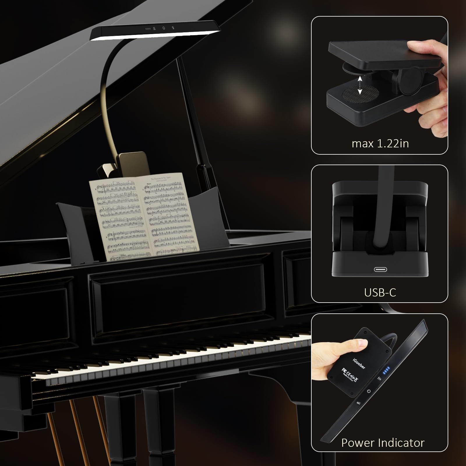 Professioneller Notenständer mit 47 LEDs, wiederaufladbar, augenschonendes Klavier zum Anklemmen, 4 Farben und 3 Helligkeiten, USB-C, bis zu 110 Stunden Laufzeit, tragbare Lampe für Musiker, Groß