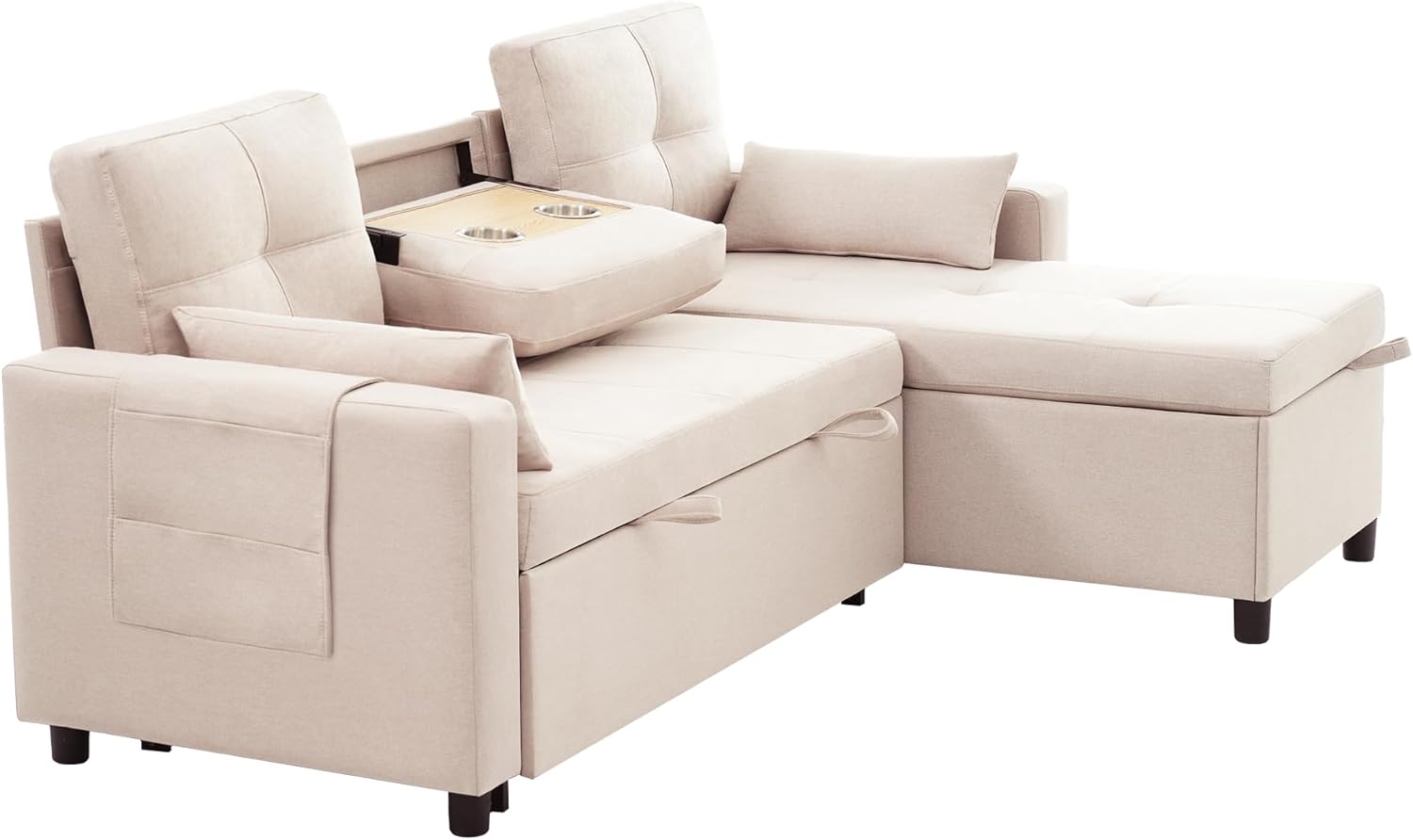 Modern L sofa, modular pull-out sofa bed with sleeping function, equipped with storage space, retractable cup holder, suitable for living room, home theater (Beige) biege